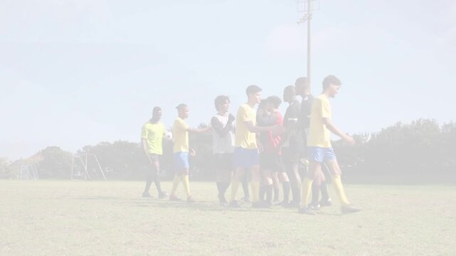 Soccer teams meeting midfield players clustering greeting dispersing toward goalpost before kickoff