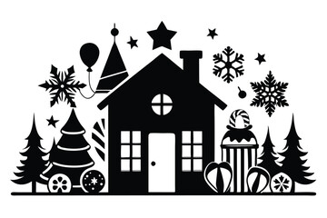 Fototapeta premium christmas winter and house silhouette line art vector illustration with a white background