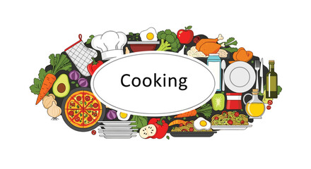Fototapeta premium Various food ingredients and dishes like pizza, chicken, and vegetables arranged in a circle around the central word cooking.