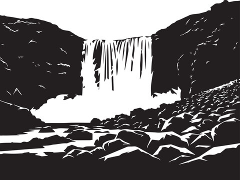 Black and white waterfall illustration with rocky landscape.
