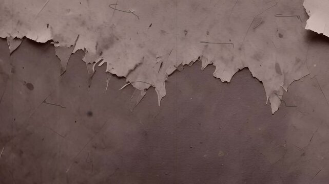 A close-up view of torn and peeling gray paper on a dark background texture