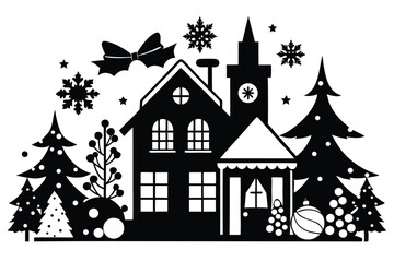 Fototapeta premium christmas winter and house silhouette line art vector illustration with a white background