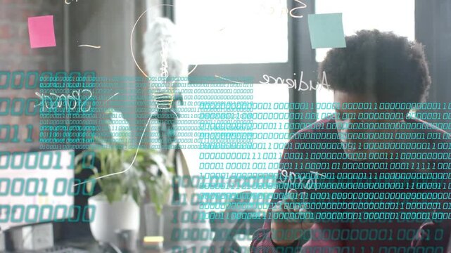 Dev grabbing marker, writing on clear glass, refining tech idea while binary code overlaying glass