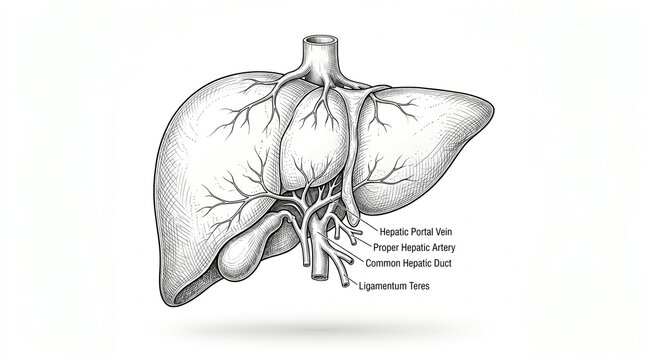 The human liver anatomy illustration shows a detailed drawing of the organ's structure and blood vessels in a medical context.