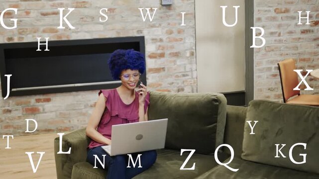Woman receiving phone call while typing on laptop for remote work, letters clustering around