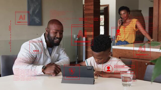 Father leaning at kitchen table, pointing at tablet after red malware alert appearing, son tapping