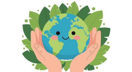 Obraz premium Two human hands gently holding a cute smiling cartoon earth planet surrounded by green leaves for an environmental concept.