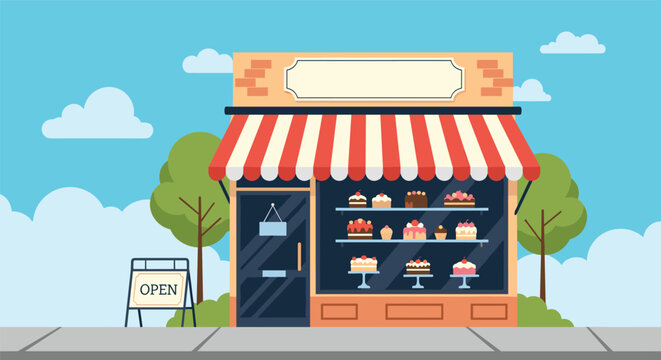 Charming local bakery storefront with a striped awning and a variety of delicious cakes displayed in the large glass window.
