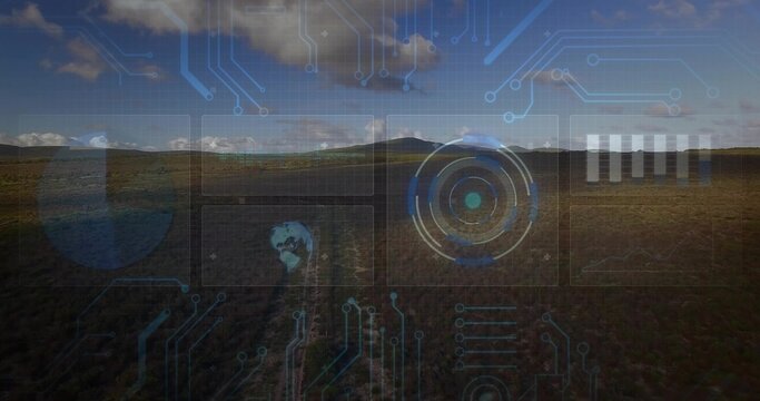Displaying wide grassy plain, dirt track toward low hill on horizon, showing HUD reticle and globe