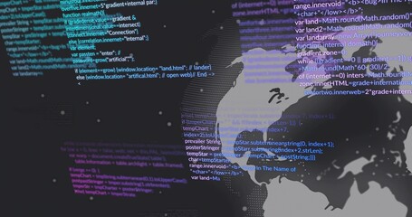 Displaying gray North American map positioned right, floating code snippets, dotted globe grid © vectorfusionart