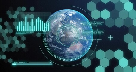 Fototapeta premium Scanning rendered Earth globe in orbital HUD interface, displaying reticles, hex tiles, bar chart