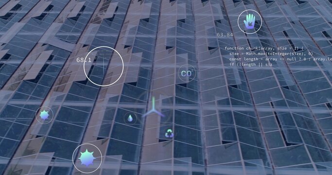 Displaying glass high-rise glazing at urban exterior, showing AR HUD icons readout code mesh
