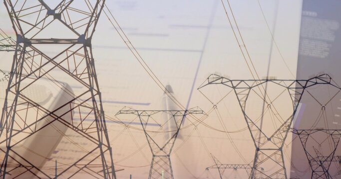 Showing lattice towers and power lines crossing utility corridor at dusk, with smartphone charts