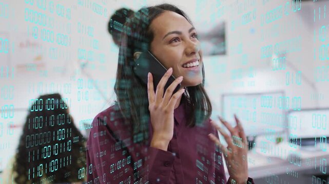 Office woman taking call on phone, gesturing, closing business call as teal binary digits surround