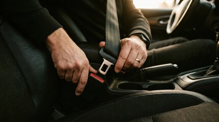 Safety Reminder as Hands Click Seatbelt in Vehicle While Preparing for Road Journey During Daylight Hours