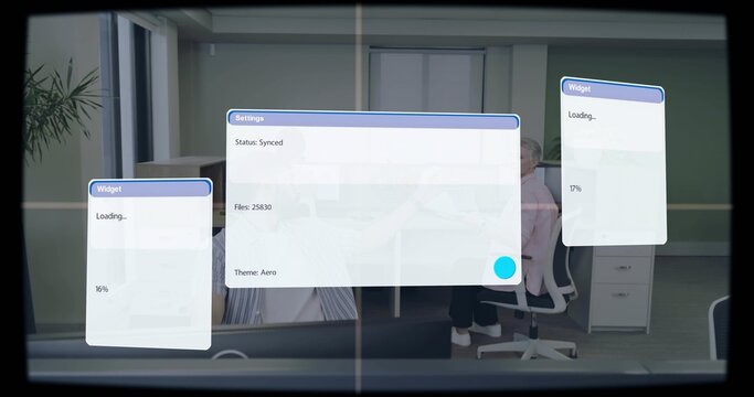 Showing central Settings panel overlaying office, with two Widget panels and staff in office attire