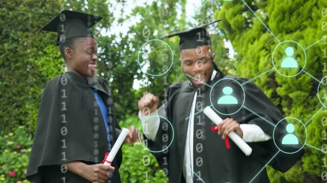 Woman grabbing diploma sparking two grads cheering grad in garden with binary digits, user icons