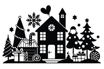 Fototapeta premium christmas winter and house silhouette line art vector illustration with a white background