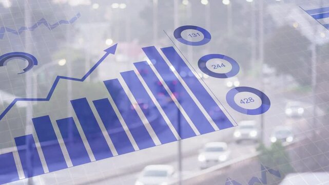 Blue overlay appearing, animating bars, cycling rings, sliding pie, showing traffic on blurred road