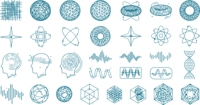 Abstract futuristic technology blue line icons set with neural networks atoms geometric shapes data wave and science symbols vector illustration