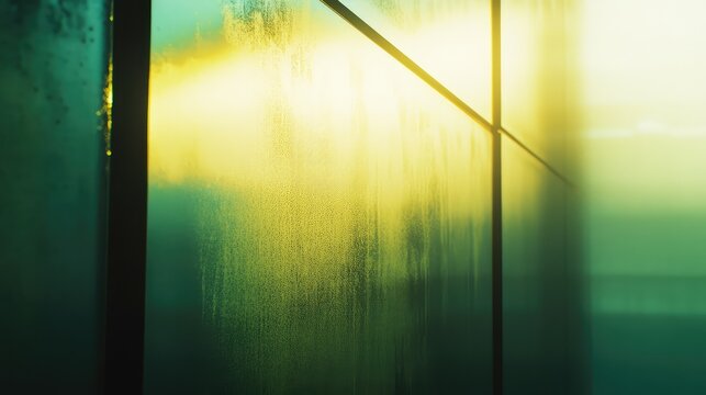 Abstract background capturing natural sunlight creating a warm glow and vibrant colors on a textured glass surface with condensation, invoking a serene and introspective mood