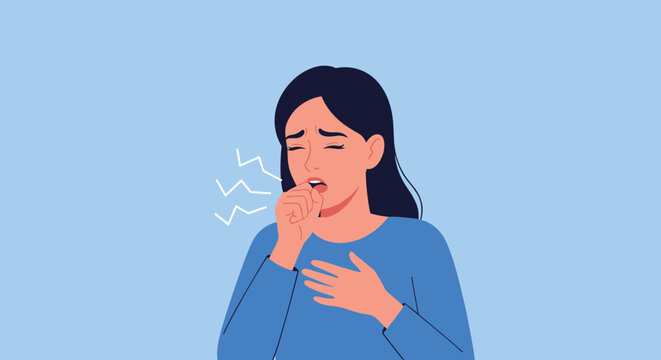 Sick young woman covers her mouth while coughing as a symptom of a respiratory illness or cold against a blue background.