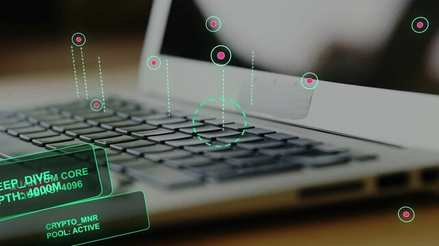 HUD activating on silver laptop, green overlays floating, reticle pulsing, scanning crypto pool