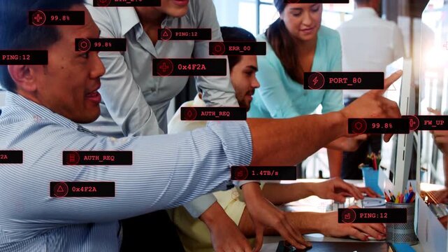 IT team gathering around monitors, red HUD alerts appearing, typing, pointing, debugging PORT_80