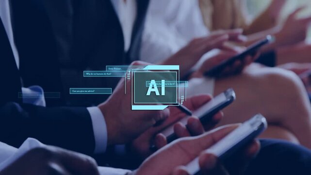Business team tapping phones, tablet and stylus, camera widening as AI badge parsing inputs, aiding