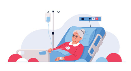 Obraz premium Senior woman lying in a hospital bed with an intravenous drip and monitoring equipment while receiving medical care and treatment.