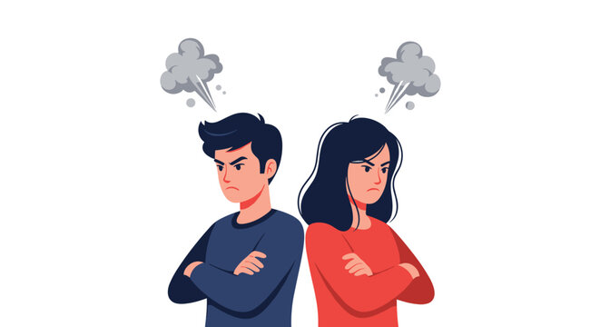 Angry couple standing back to back with steam coming out of their ears representing a heated argument or relationship conflict.