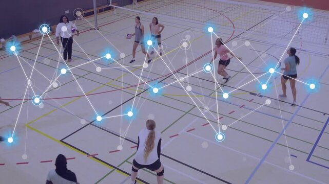 Volleyball team training starting from left serve, passing ball, attacking, overlay tracking joints