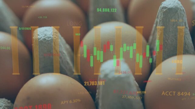 Faint overlay growing, animating price chart over brown eggs and carton ridges, showing market data