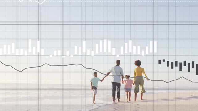 Family walking hand-in-hand on shore, frames initiating finance grid and chart overlays over family