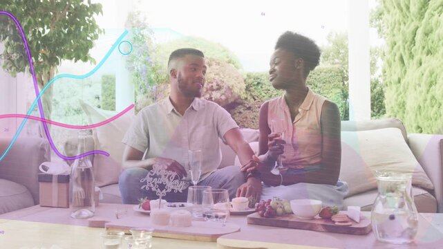 Man reaching her hand while couple talking on patio, food, waves moving, obscuring couple for ads