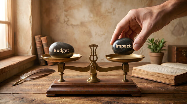 Balancing budget and impact stones on wooden scale in warm natural light
