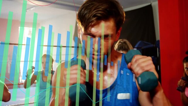 Lead man starting punches holding weights inside ring, animated bars syncing for fitness class