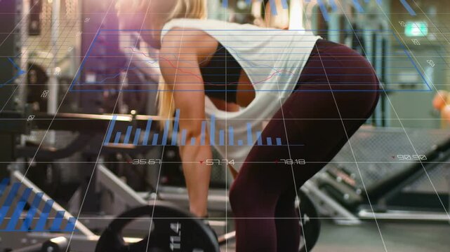 Athlete reaching to grip bar, doing deadlift reps for strength, gym with blue overlay tracking path