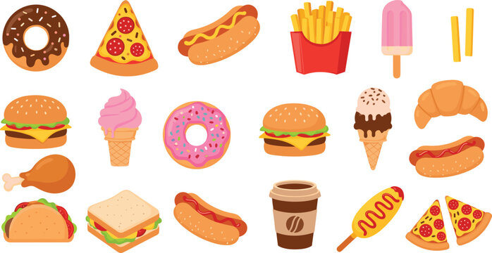 Colorful fast food and dessert icons collection with burger pizza donut fries ice cream hot dog coffee and snacks isolated on light background vector illustration