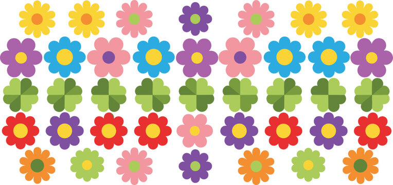 Colorful floral pattern collection with cute cartoon flowers and clover shapes, flat design decorative elements for spring background and textile design