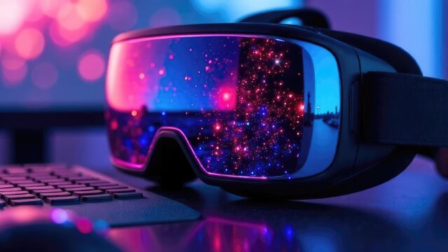 Sleek VR glasses on a table, representing cutting-edge technology. Device for metaverse, training and immersive entertainment