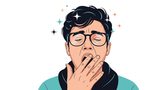 Tired young man with glasses yawning and closing his eyes while colorful stars around his head represent fatigue and sleepiness.