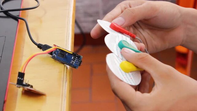 An unrecognizable child is evaluating homemade electrodes to assess performance in a health technology project in a classroom in Neiva, Huila, Colombia. Concept of science and technology 
