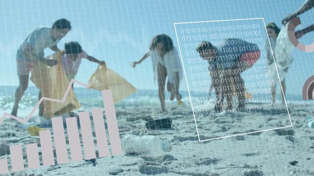 Six volunteers unfolding yellow bags, collecting litter for beach cleanup with charts framing group