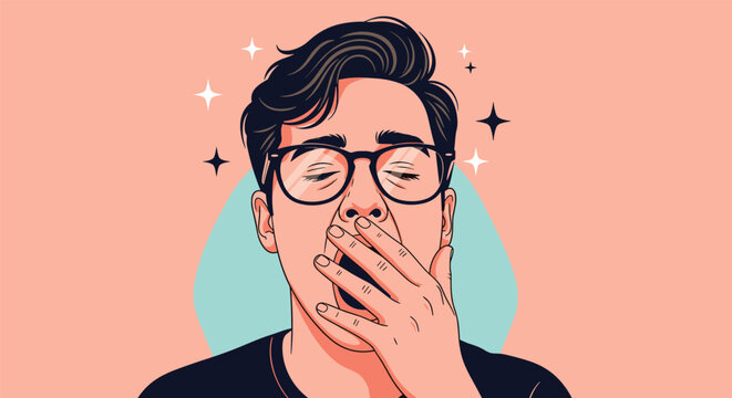 Tired man with glasses yawning and covering his mouth while feeling sleepy and exhausted against a pink and teal background with stars.