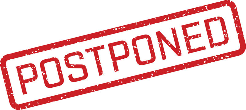 Red rubber stamp with the word 'postponed' in bold white letters