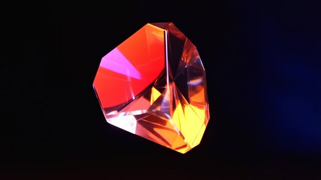 Slow motion rotating crystal gem spinning and floating in dark studio with colored highlights and reflective facets