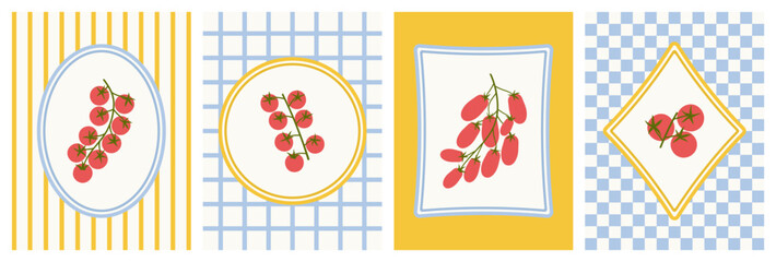 Set of four vertical tomato cards with various tomatoes, geometric frames, yellow and blue backgrounds. Flat vector kitchen style collection for prints, labels, posters, packaging and decor. © Анна Шевчук