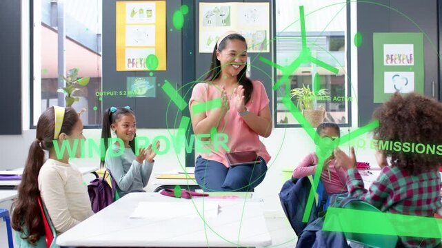 Teacher clapping, initiating students clapping, green AR showing wind icons teaching wind power