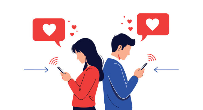 Young couple standing back to back while engrossed in their smartphones representing digital addiction and lack of real communication.